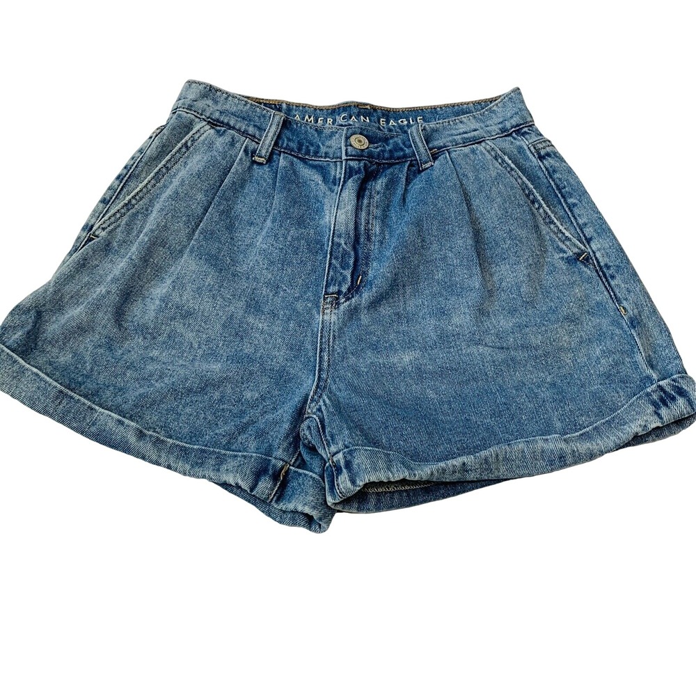 American Eagle Mom Short Woman 00 High Rise Denim Blue Pleats Pockets Beach